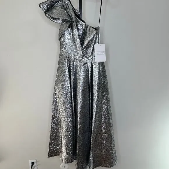 Mac Duggal Silver Gown-Size 4-one shoulder tea‎ holiday wedding brocade NWT